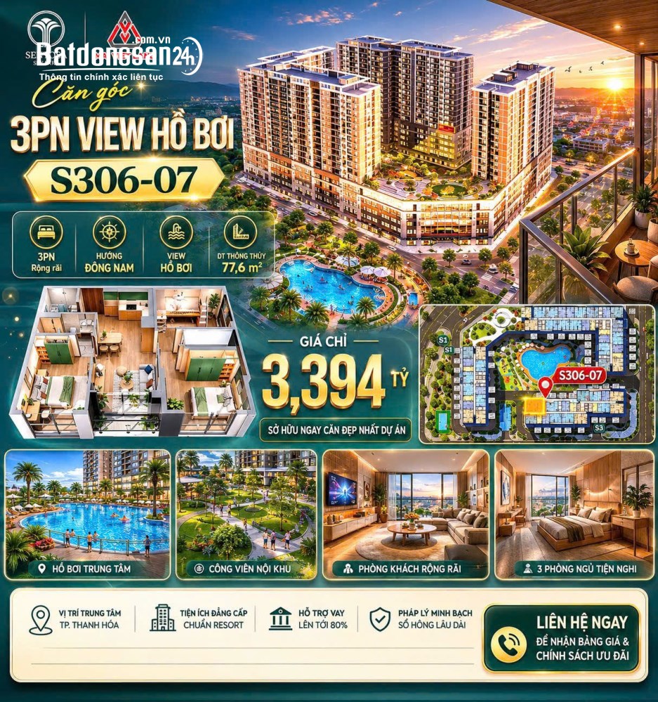 Bán căn hộ tại Vinhomes Star City Thanh Hóa – Căn góc 3 phòng ngủ 77,6m², giá 3,394 tỷ.
