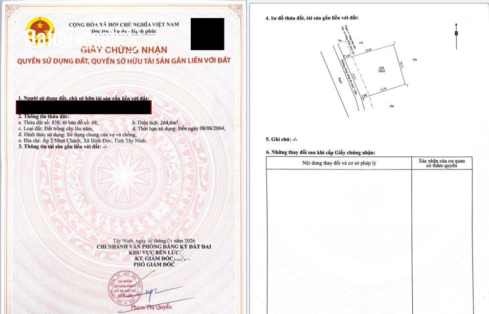 Bán đất thổ cư xã Bình Đức, tỉnh Tây Ninh (Long An) – Tổng 564,6m² – Giá 1,89 tỷ.