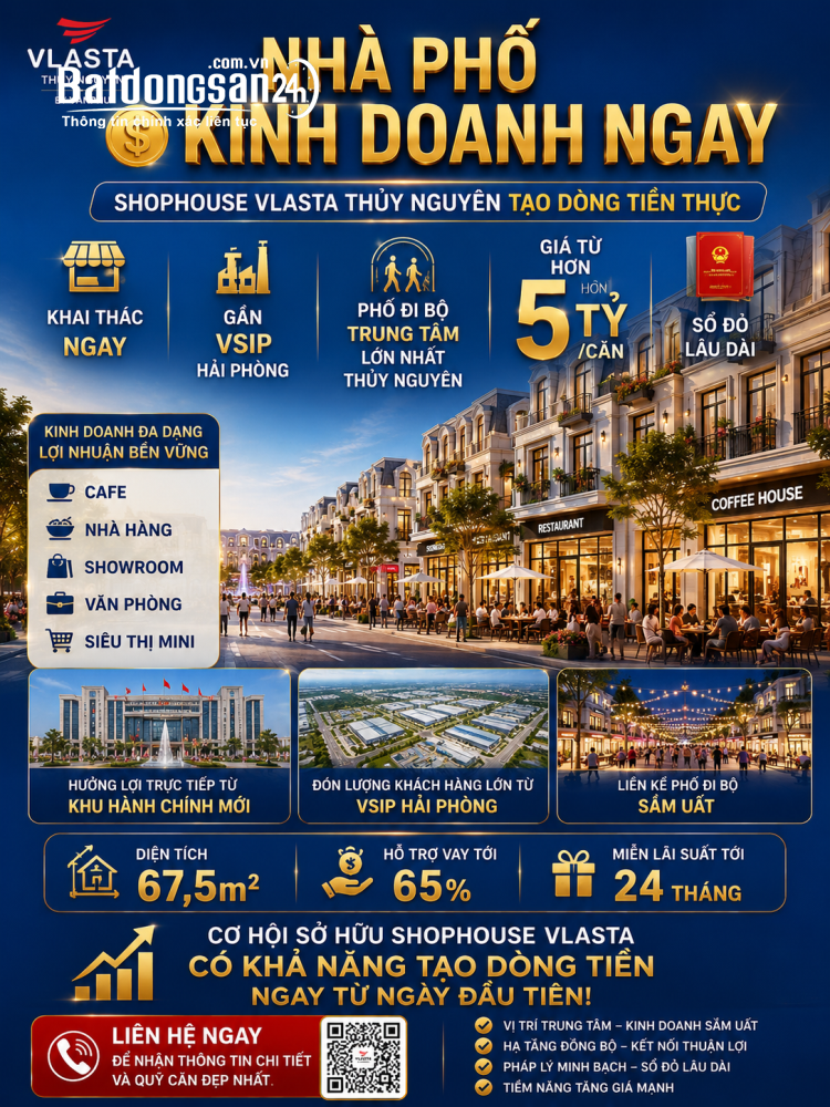 Bán nhà phố thương mại Vlasta Thủy Nguyên 67,5m2, hỗ trợ lãi suất 24 tháng, vị trí kd đắc địa.