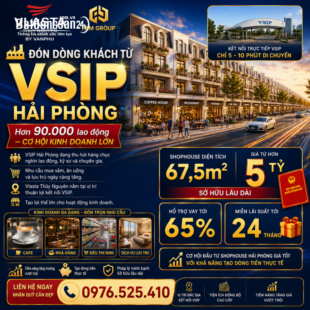 Bán Shophouse Vlasta Thủy Nguyên, Hải Phòng - Giá từ 5 tỷ - Sát KCN VSIP.