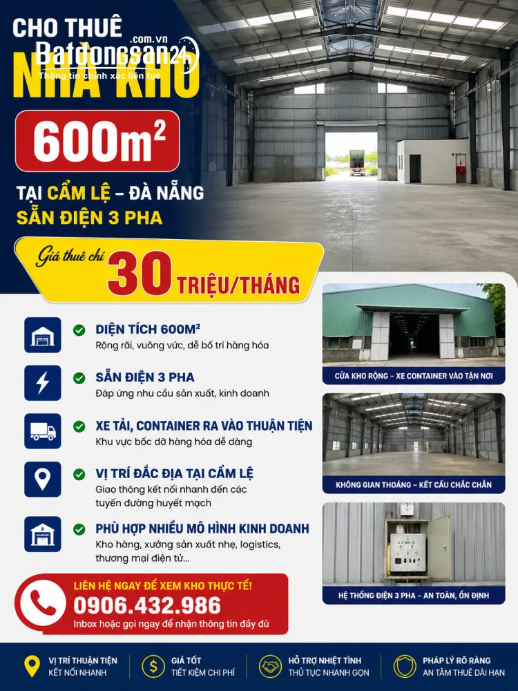  Cho thuê kho xưởng 600m² tại Cẩm Lệ, Đà Nẵng – Giao thông thuận tiện – Giá 30 triệu.