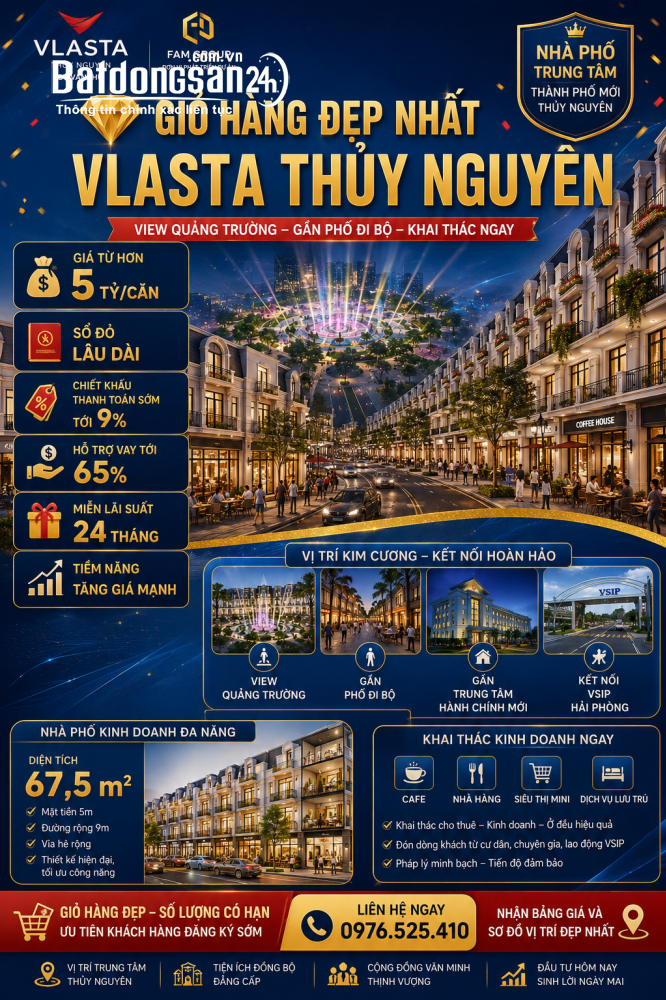 Bán nhà phố Vlasta Thủy Nguyên, Hải Phòng, diện tích 67,5m2, vị trí trung tâm, giá từ hơn 5 tỷ.