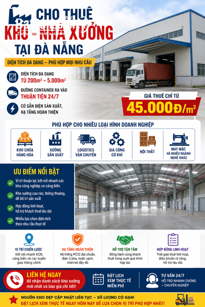  Cho thuê kho xưởng đa diện tích từ 200m2 đến 5.000m2, giá 45.000đ/m2, P. Cẩm Lệ, TP Đà Nẵng.