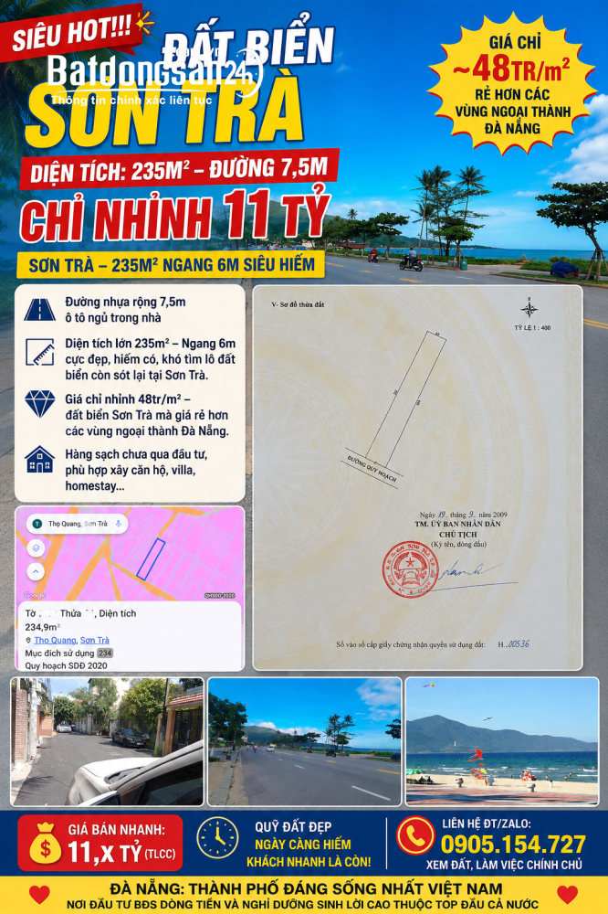 Siêu phẩm đất biển Sơn Trà - 235m2 - Ngang 6m - Giá chỉ nhỉnh 11 tỷ.