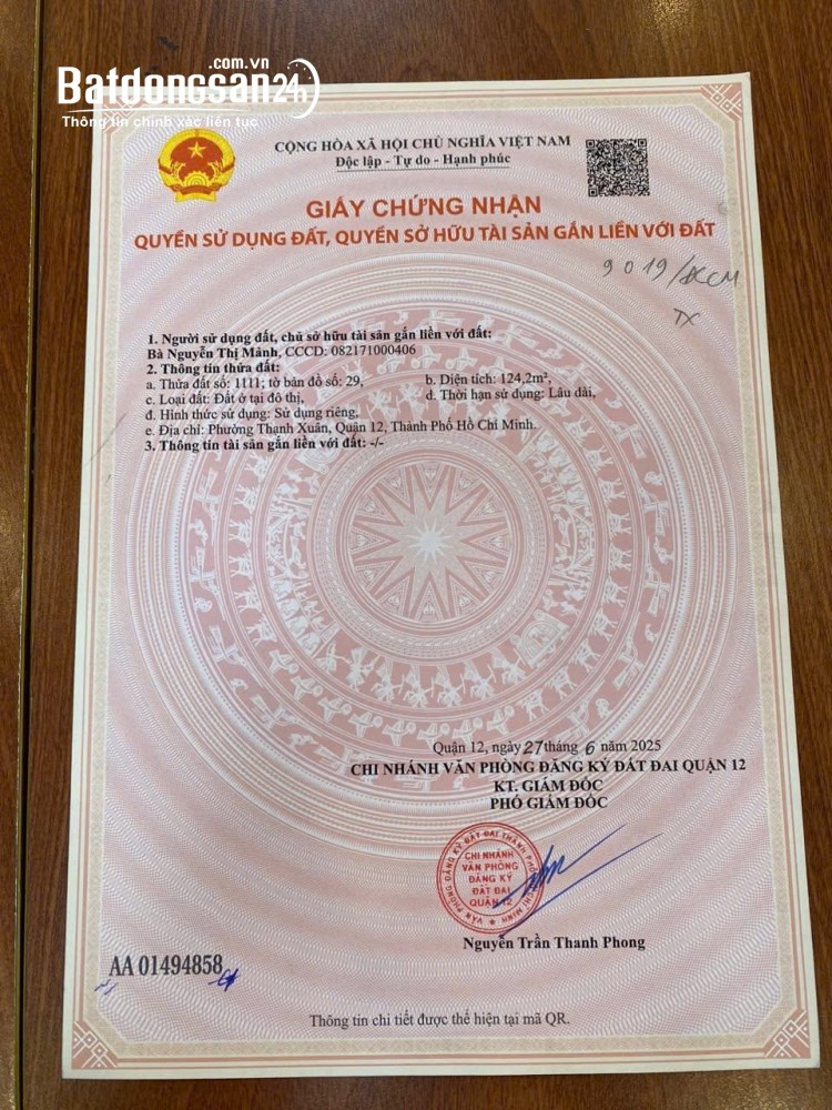 Bán nhà Thạnh Xuân 25, quận 12, diện tích 125m2, giá 7.5 tỷ.