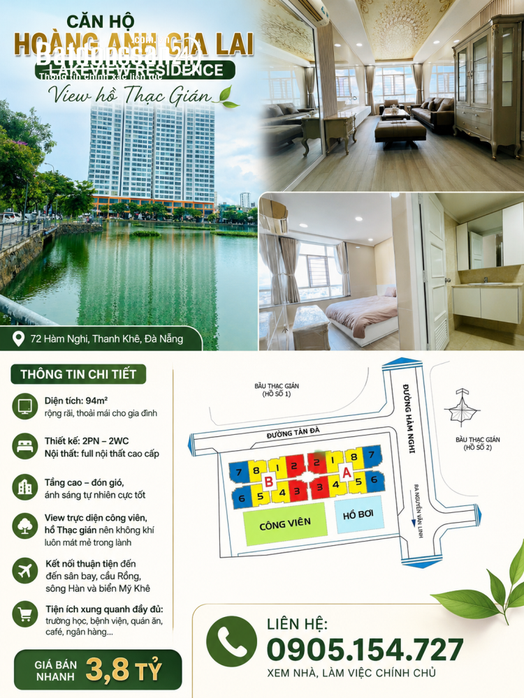 Căn hộ HAGL Lakeview Residence, P. Thanh Khê, Đà Nẵng, 94m2, view hồ Thạc Gián, giá 3,8 tỷ.