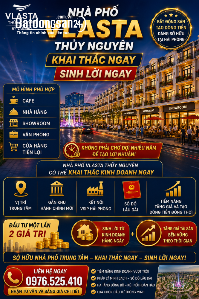 Vlasta Thủy Nguyên, Hải Phòng: Nhà phố 100m2, kinh doanh ngay, sổ đỏ lâu dài.