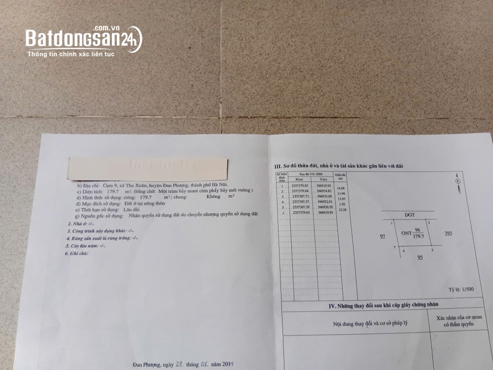 Bán đất thổ cư 179.7m² tại Cụm 9, Liên Minh, Đan Phượng – MT14.88m, ngõ ô tô tránh, giá 65 tr/m².