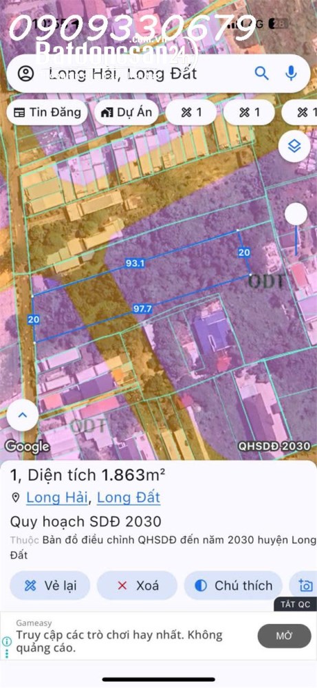 Bán đất mặt tiền Xã Long Hải, TP Hồ Chí Minh – 1.863m² – quy hoạch đất ở đô thị – giá 9 triệu/m².