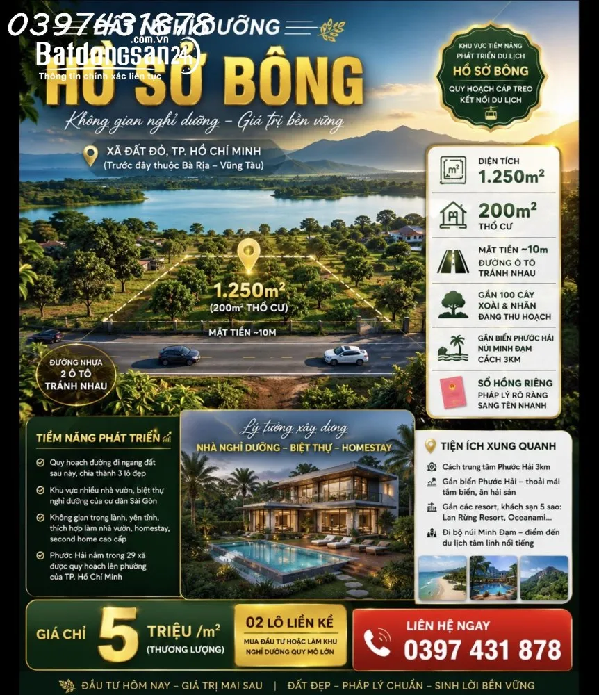 Bán đất tại Hồ Sở Bông, Đất Đỏ, Bà Rịa - Vũng Tàu, 1250m2, view đẹp, tiềm năng, 5 triệu/m2.