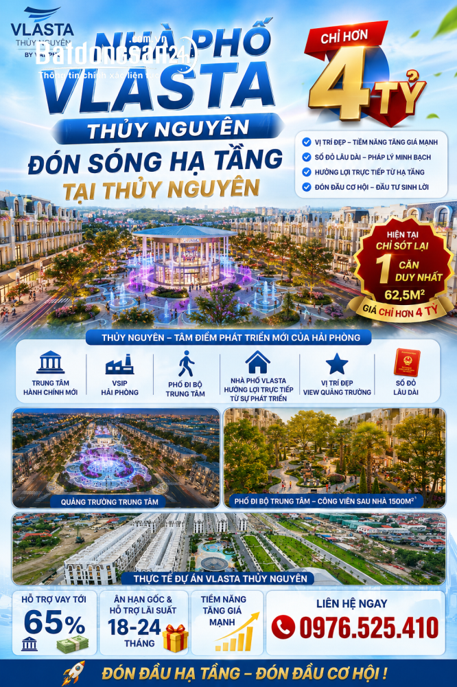 Nhà phố Vlasta Thủy Nguyên, hơn 4 tỷ, hưởng lợi từ hạ tầng trung tâm hành chính mới.