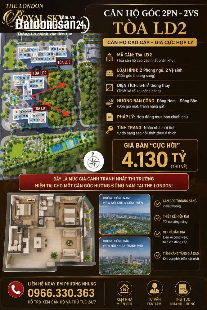 ​​​​​​Chính chủ bán căn hộ Vinhomes Ocean Park, Gia Lâm, 64m², 2 mặt thoáng, giá 4.13 tỷ.