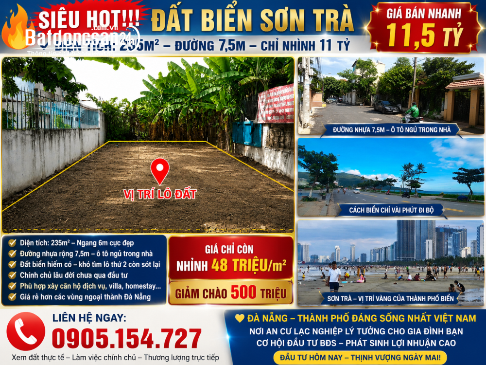 SIÊU HIẾM! ĐẤT BIỂN SƠN TRẢ, DT: 235m2 - ĐƯỜNG 7,5m - GIÁ CHỈ NHỈNH 11 TỶ.
