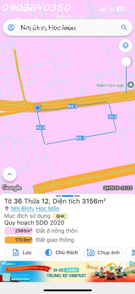 Đất mặt tiền Nhị Bình 18, Hóc Môn, 1.903,4m², giá đầu tư 17,8 tỷ.