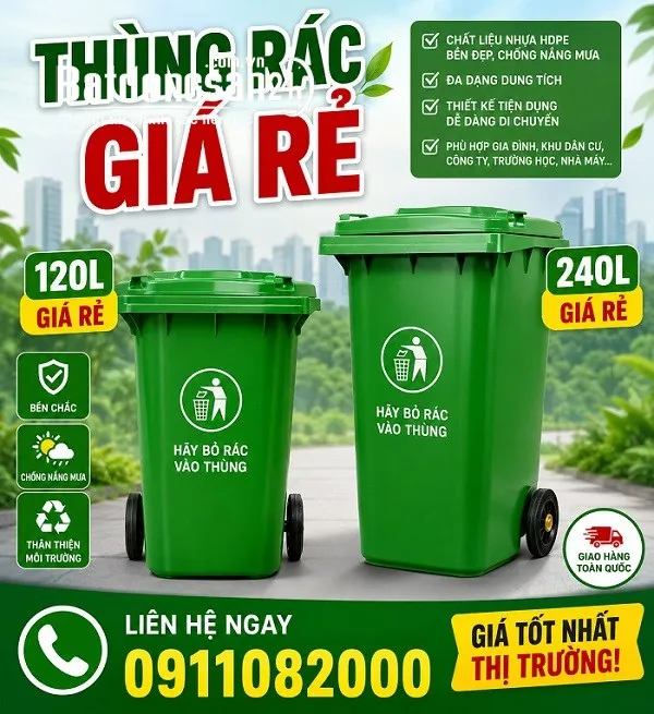 Thùng rác 120L, 240L, 660L chất lượng mới 100%, giá ưu đãi.