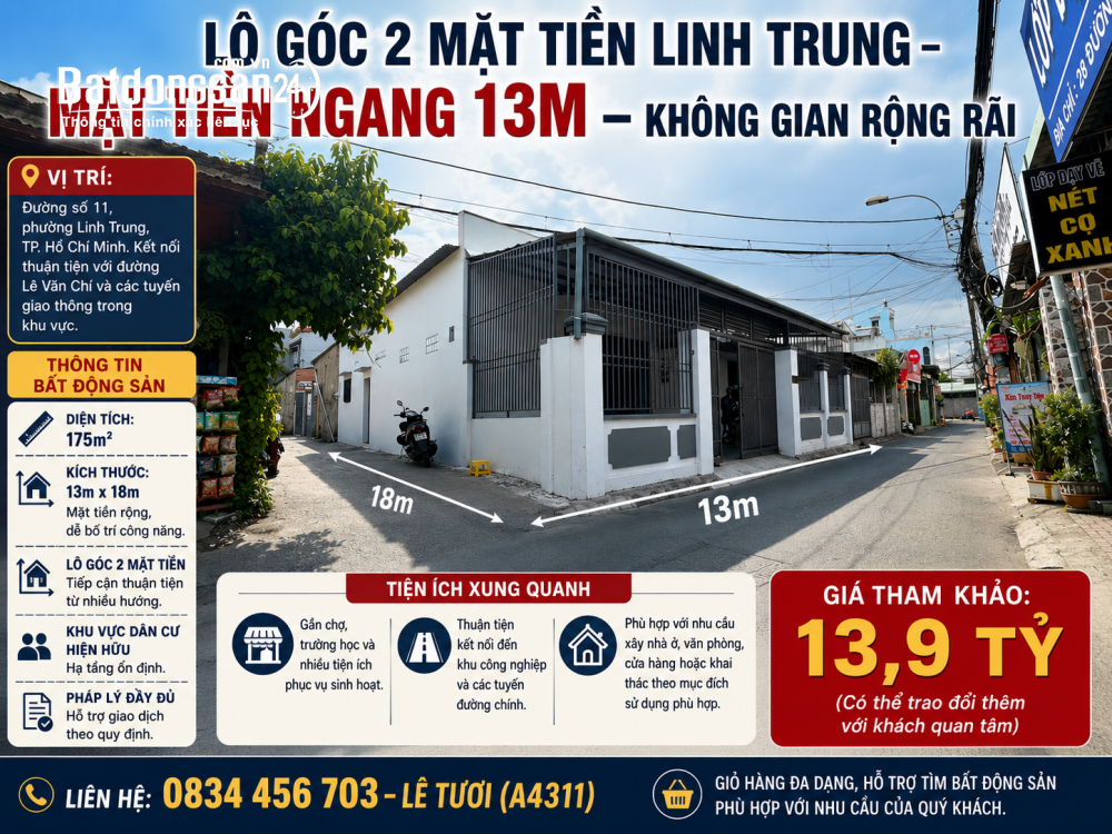 Bán nhà góc 2 mặt tiền Linh Trung, Thủ Đức,175m², mặt tiền 13m, giá 13,9 tỷ.
