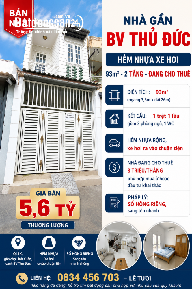 Giá 5.6 tỷ, nhà QL1K gần chợ Linh Xuân, 93m2, kết cấu 1 trệt 1 lầu, pháp lý chuẩn.
