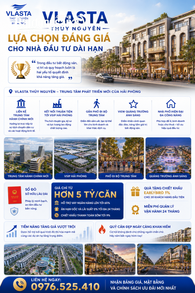 Từ 5 tỷ, nhà phố Vlasta Thủy Nguyên, view quảng trường ánh sáng, chiết khấu lên đến 9%.