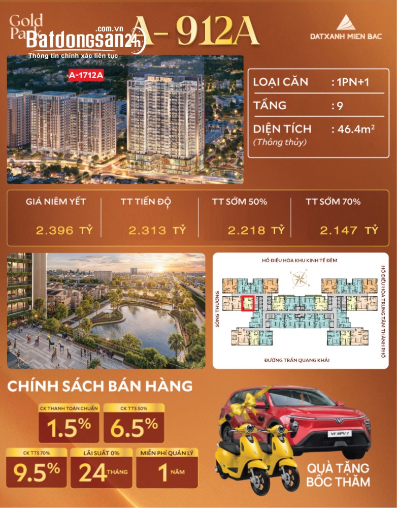 Bán căn hộ Gold Park Bắc Ninh 46,4m², căn 1PN+ tầng đẹp, tiềm năng đầu tư cao.