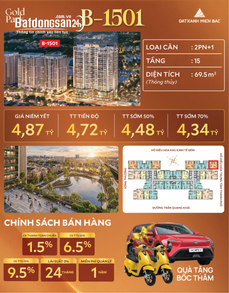Bán Căn hộ 2 PN+Gold Park, Bắc Ninh 69,5m², 2pn 2vs, view hồ, giá từ 4,34 tỷ.