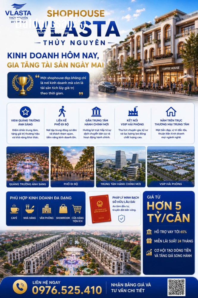 Shophouse Vlasta Thủy Nguyên, sở hữu lâu dài, mặt tiền thương mại, giá từ hơn 5 tỷ.