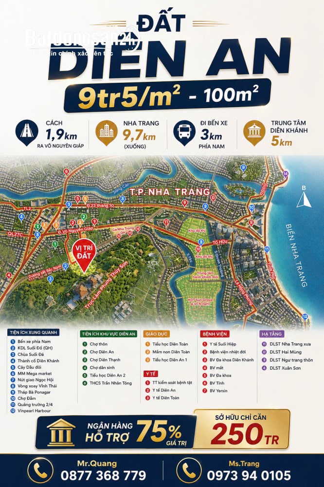 Đất 100m², 9,5 triệu/m², sổ hồng trao tay, full thổ cư, Phường Tây Nha Trang, Khánh Hòa.