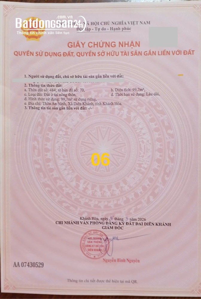 Đất 100m², 9,5 triệu/m², sổ hồng trao tay, full thổ cư, Phường Tây Nha Trang, Khánh Hòa.