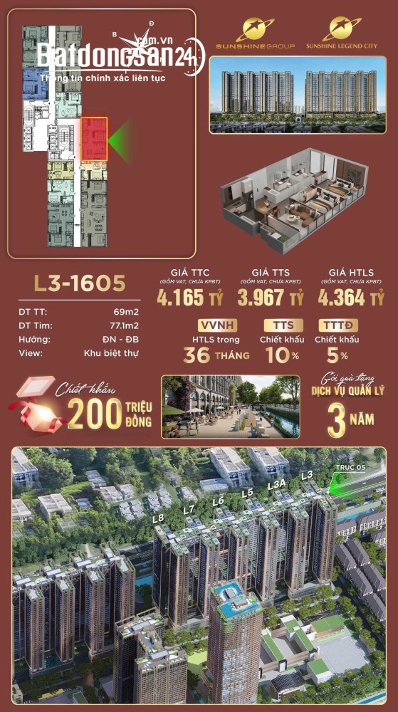 Sở hữu căn 2PN, 69m2, Sunshine Legend City, view biệt thự đảo, giá 3,76 tỷ, chiết khấu 10%.