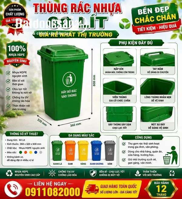 Thùng rác nhựa HDPE 60L–660L, giá rẻ, giao hàng toàn quốc, hàng mới 100%.