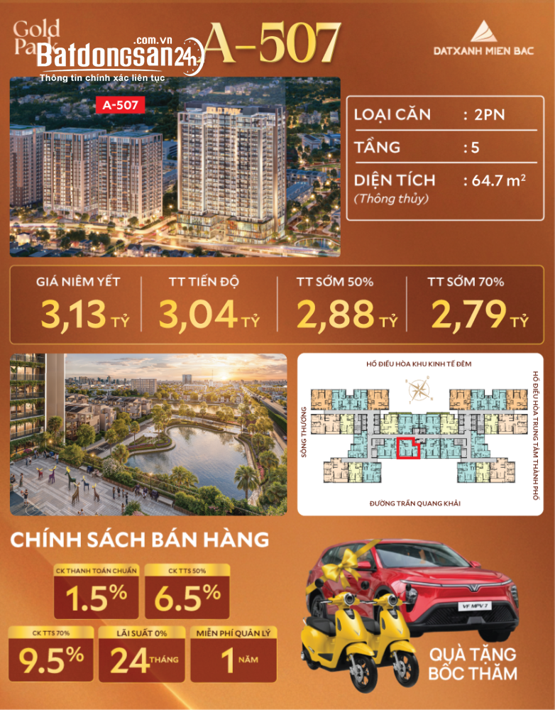 Căn 2PN+ Gold Park Bắc Ninh, 64,7m², view công viên hồ điều hòa cực hiếm.