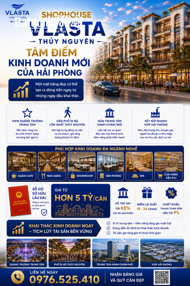 Shophouse Vlasta Thủy Nguyên giá từ hơn 5 tỷ, sổ đỏ lâu dài, trung tâm kinh doanh.