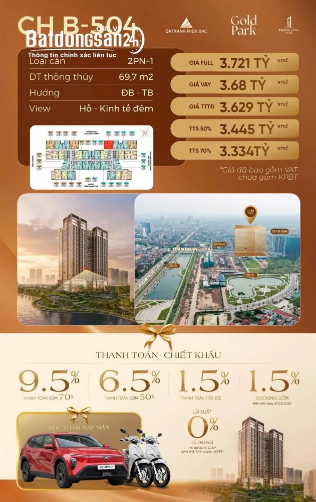 Gold Park Bắc Ninh, căn 2PN+ 69,7m², view công viên hồ điều hòa, chính sách ưu đãi.