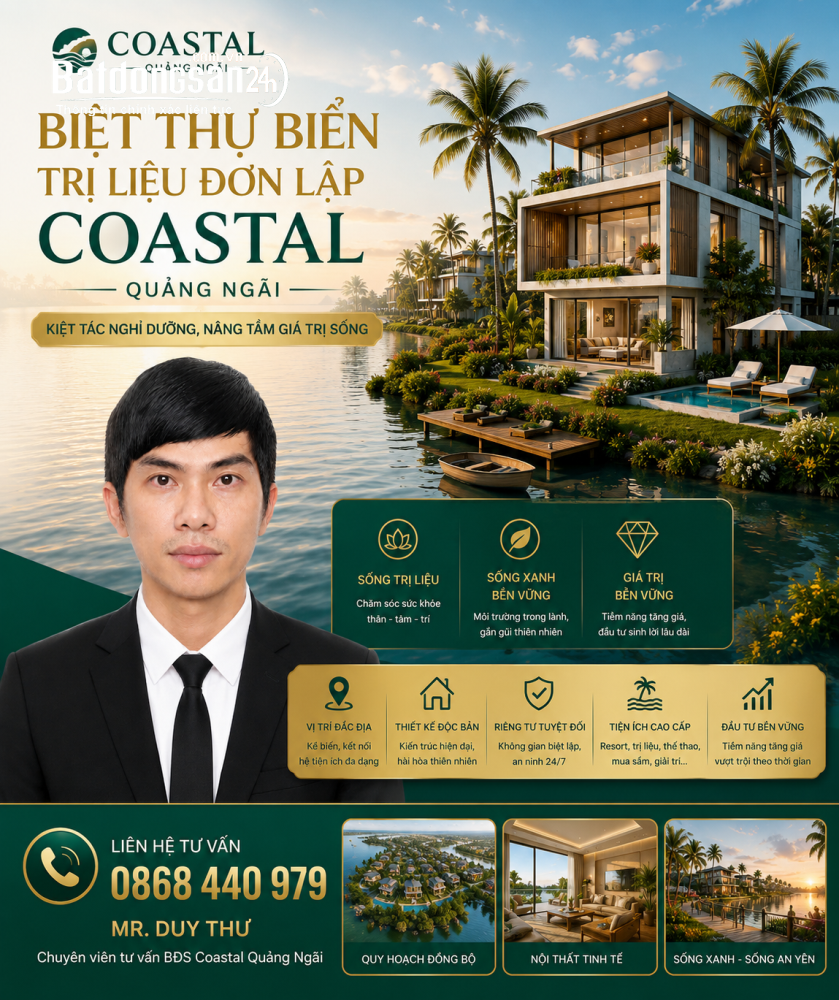 Bán Biệt thự 331m2, thiết kế riêng tư, tiện ích cao cấp, Xã Tư Nghĩa, Tỉnh Quảng Ngãi.