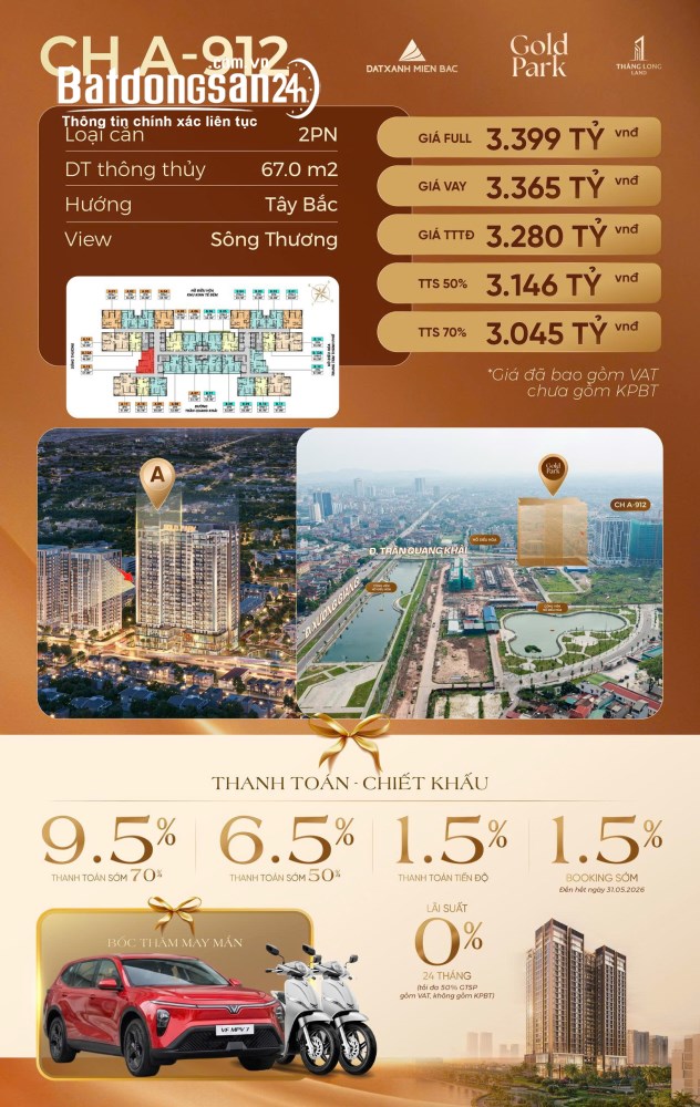 CĂN 2PN RẺ NHẤT, TẦNG ĐẸP NHẤT DỰ ÁN GOLD PARK, Phường Bắc Giang, Bắc Ninh.