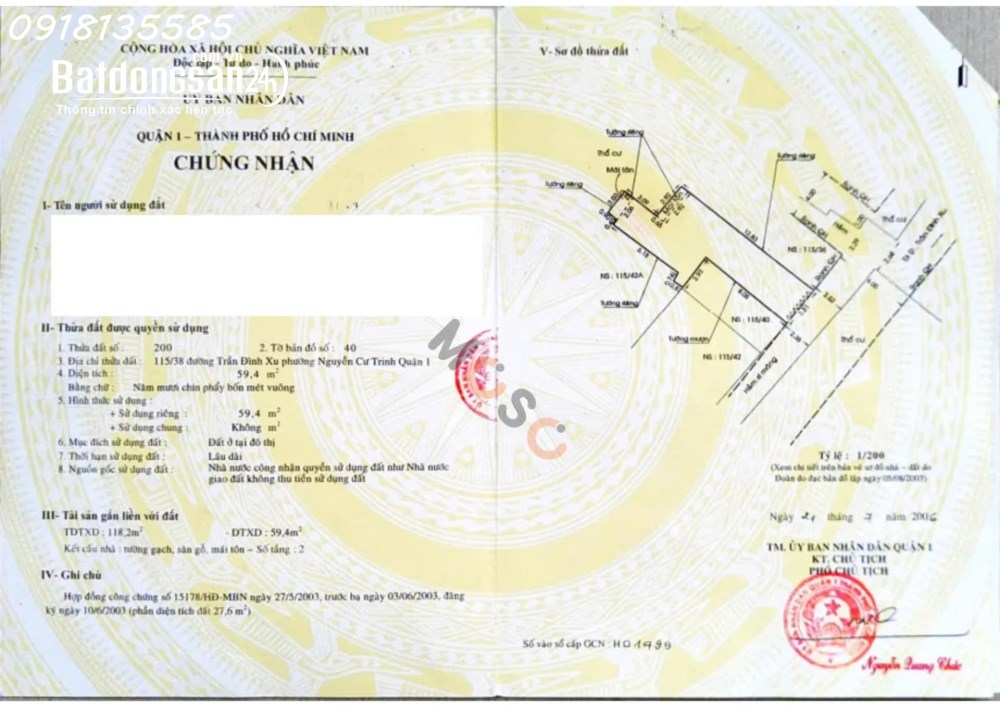 Bán nhà 115/38 Trần Đình Xu, P. Nguyễn Cư Trinh, Q.1, TP.HCM.