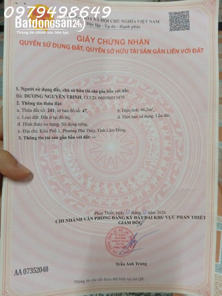  Đất trung tâm Phan Thiết 46,2m², sổ hồng riêng, khu dân cư hiện hữu.