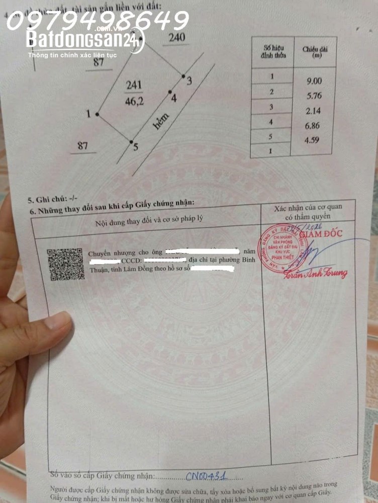  Đất trung tâm Phan Thiết 46,2m², sổ hồng riêng, khu dân cư hiện hữu.