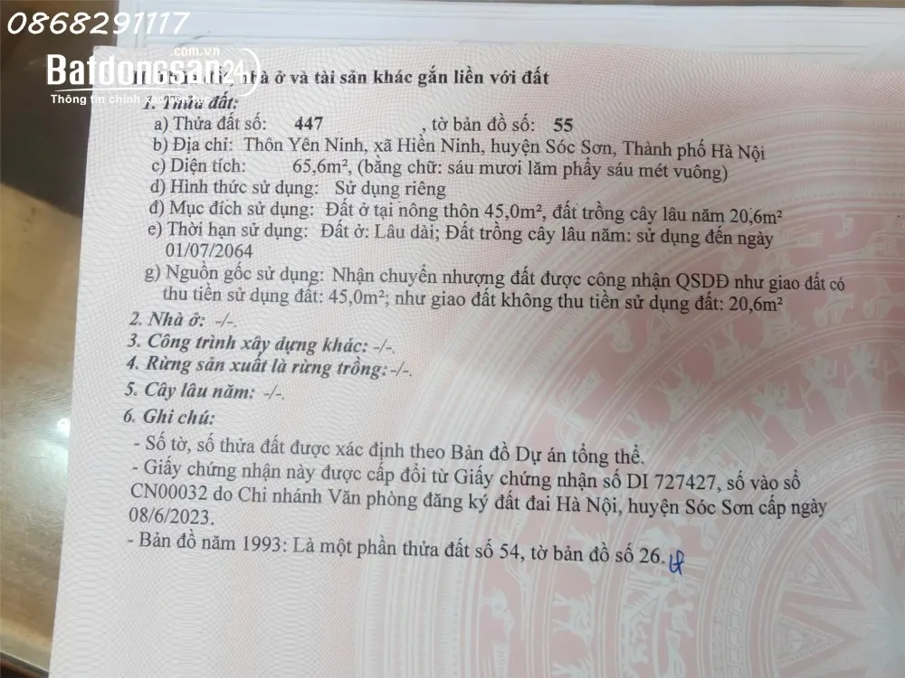 Bán đất lô đất siêu đẹp tại Thôn Yên Ninh, Nội Bài, Hà Nội, DT 65,6m2, giá 1,64 tỷ.
