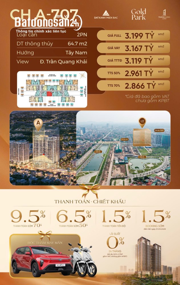Căn hộ 2PN Bắc Giang, 2WC, nội thất cao cấp, hỗ trợ vay 0% trong 24 tháng.