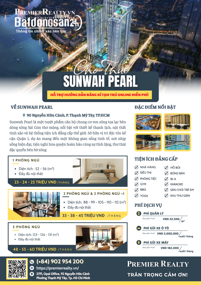 Cho thuê căn hộ Sunwah Pearl Bình Thạnh, 1-3PN, view sông Sài Gòn, từ 20 triệu/tháng.