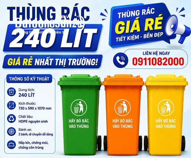  Sỉ thùng rác nhựa, thùng rác 120L 240L 660L giá rẻ- giao hàng tận nơi- lh 0911082000